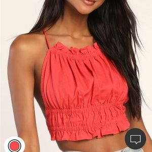 Cropped tie-back red shirt